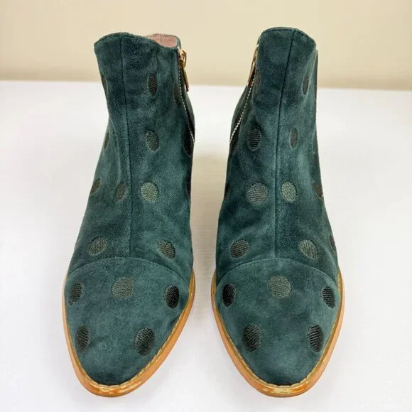 Anthropologie Polka Dot Hunter Green Suede Ankle Boots - Picture 2 of 11